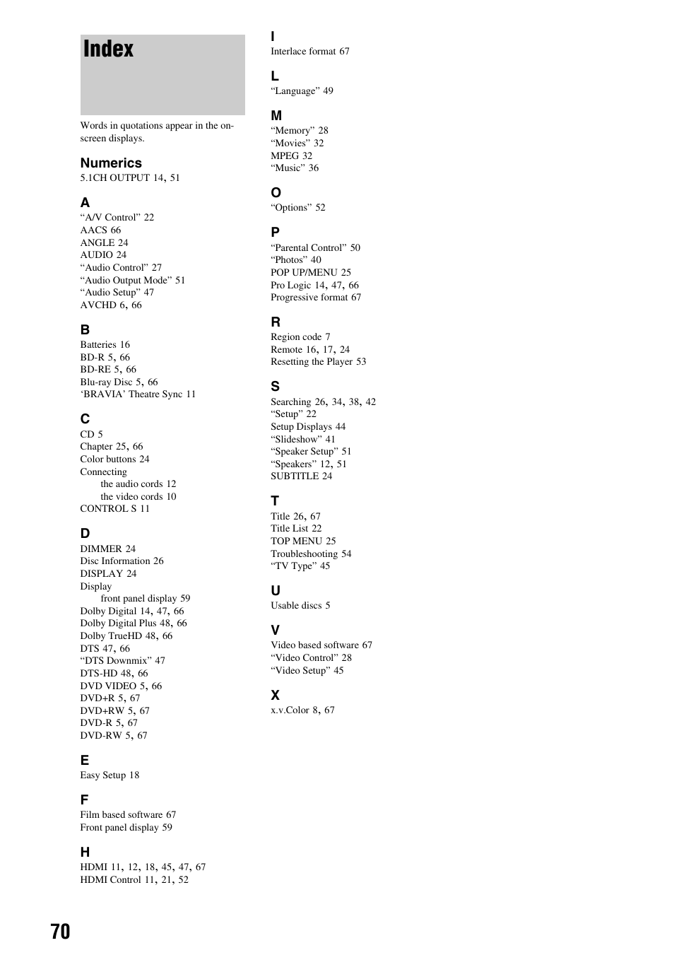 Index | Sony BDP-S2000ES User Manual | Page 70 / 71