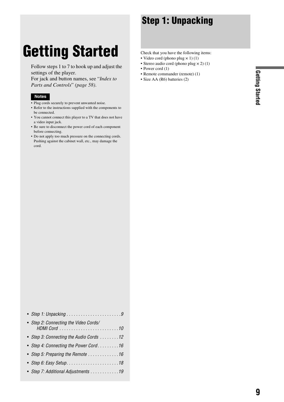 Getting started, Step 1: unpacking | Sony BDP-S2000ES User Manual | Page 9 / 71