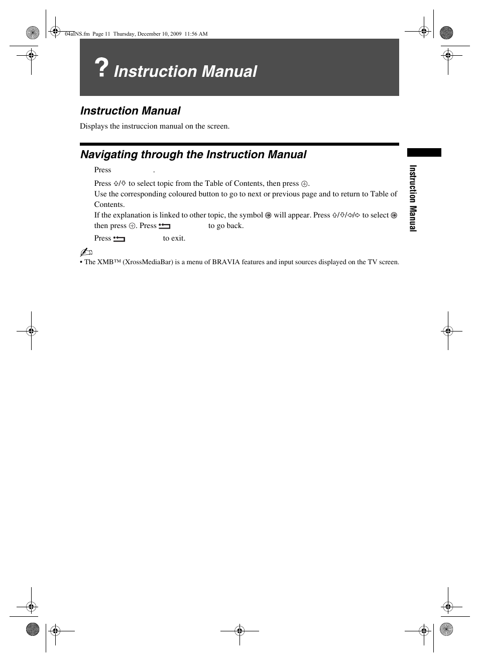 04ains, Instruction manual, Navigating through the instruction manual | 1 press i-manual, 3 press return to exit | Sony BRAVIA KDL-22EX3xx User Manual | Page 11 / 39