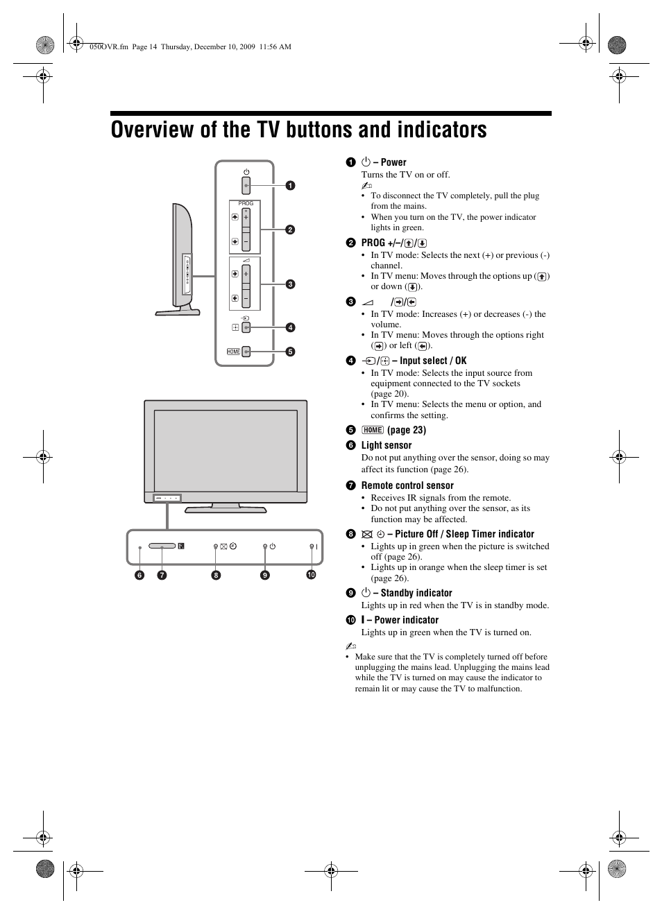 Overview of the tv buttons and indicators | Sony BRAVIA KDL-22EX3xx User Manual | Page 14 / 39