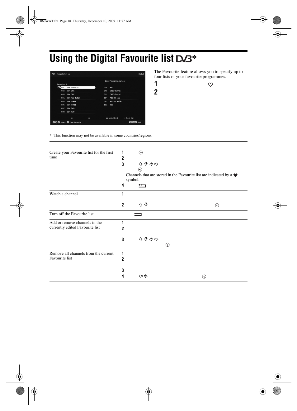 Using the digital favourite list | Sony BRAVIA KDL-22EX3xx User Manual | Page 18 / 39