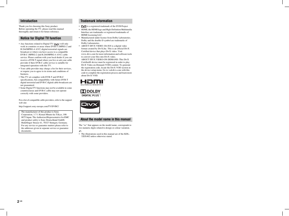 Introduction notice for digital tv function | Sony BRAVIA KDL-22EX3xx User Manual | Page 2 / 39