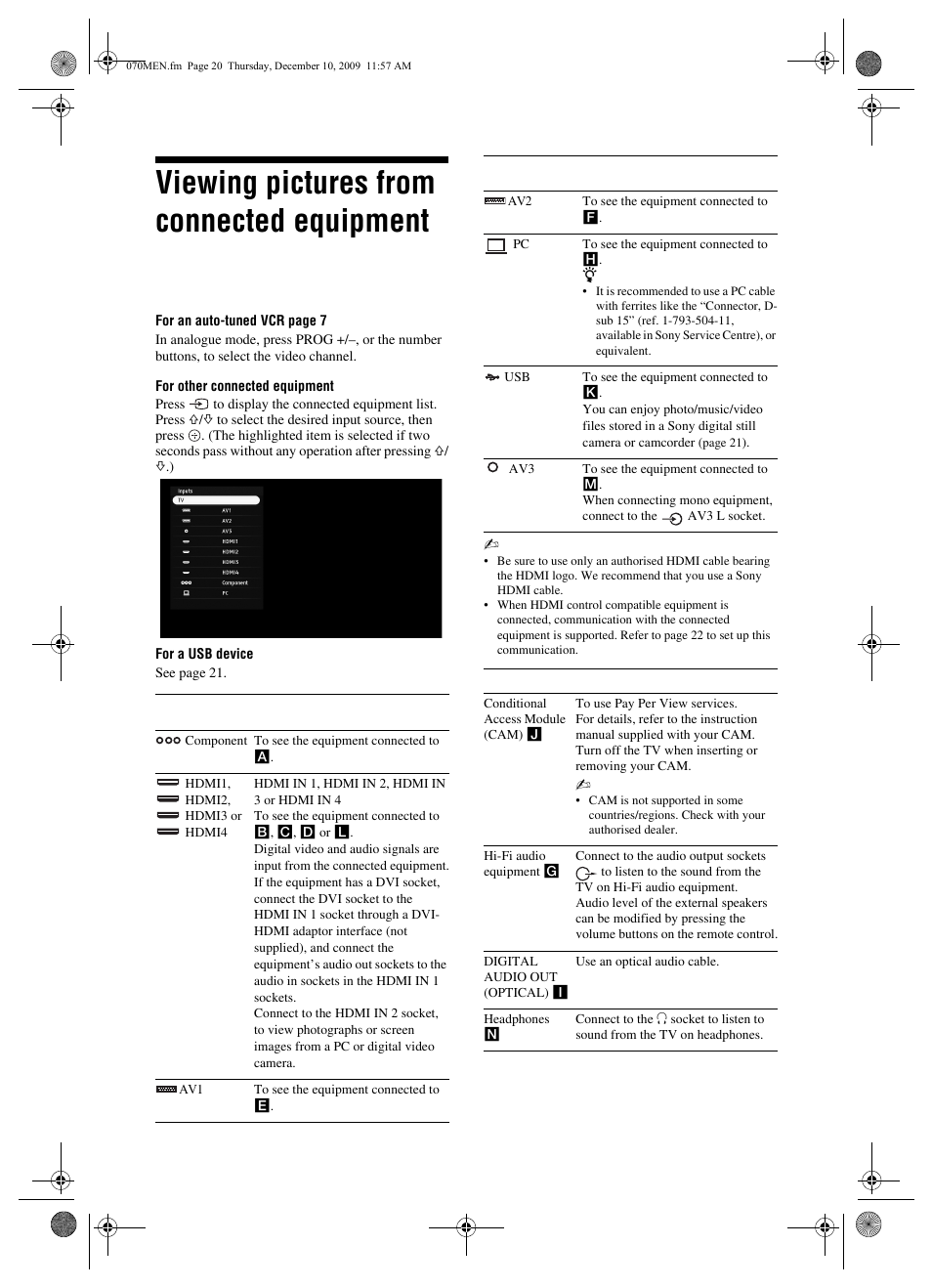 Viewing pictures from connected equipment | Sony BRAVIA KDL-22EX3xx User Manual | Page 20 / 39