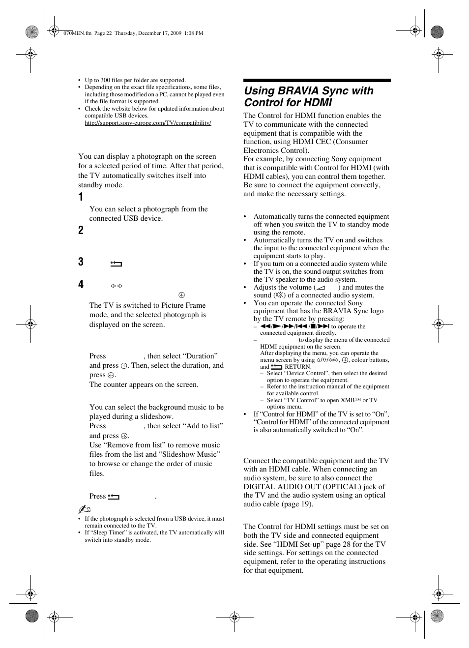 Using bravia sync with control for hdmi | Sony BRAVIA KDL-22EX3xx User Manual | Page 22 / 39