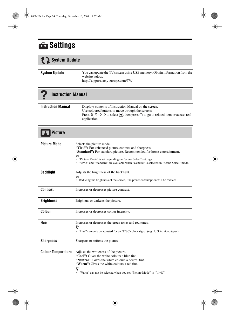 Settings, System update, Instruction manual | Picture | Sony BRAVIA KDL-22EX3xx User Manual | Page 24 / 39