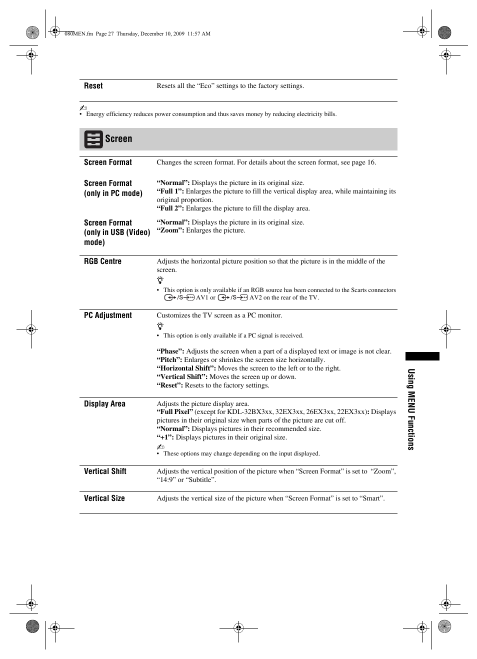 Screen | Sony BRAVIA KDL-22EX3xx User Manual | Page 27 / 39