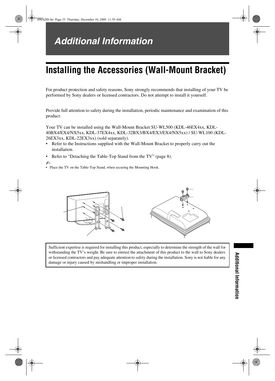 090add, Additional information, Installing the accessories (wall-mount bracket) | To customers, To sony dealers and contractors | Sony BRAVIA KDL-22EX3xx User Manual | Page 33 / 39