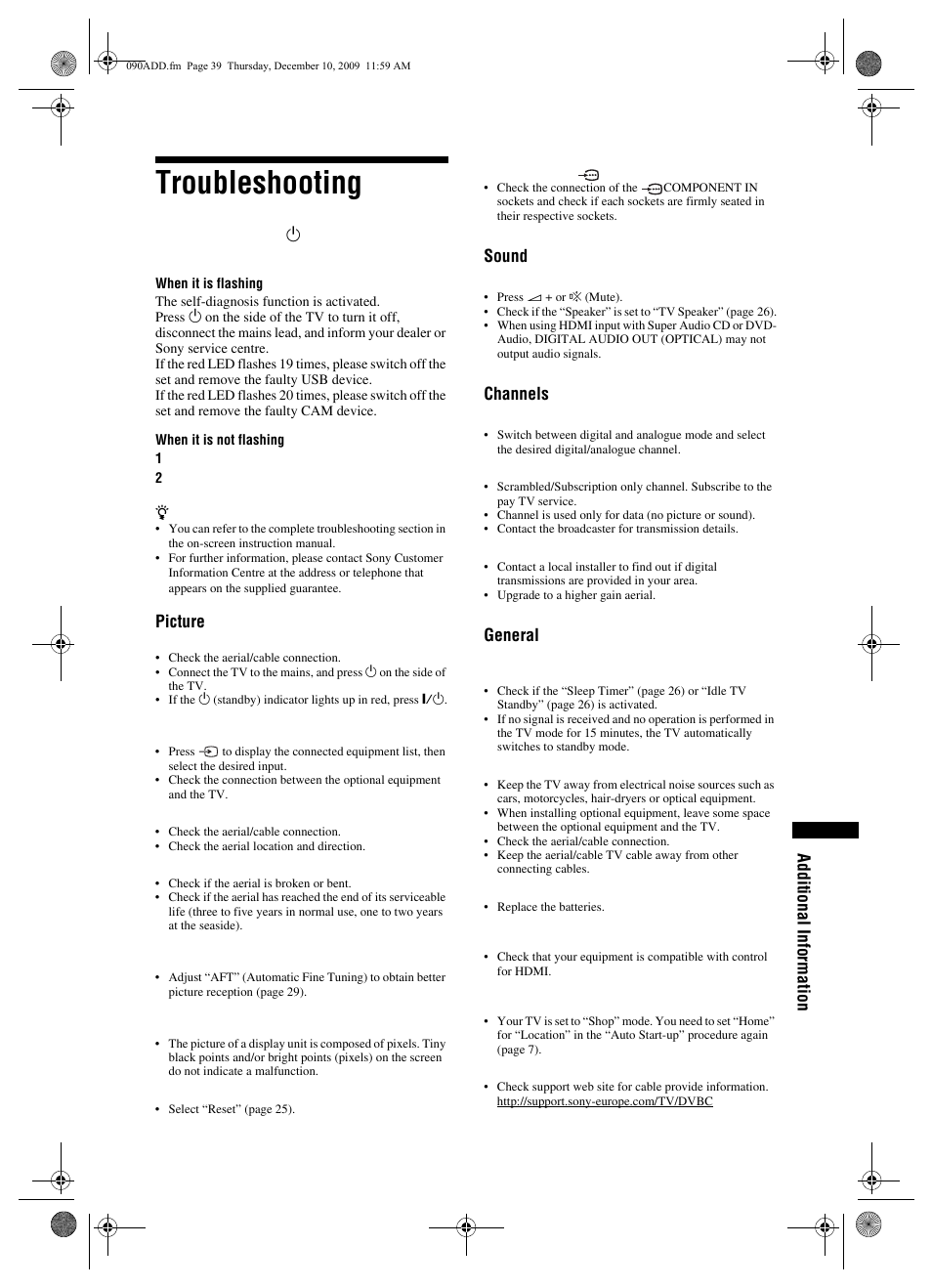 Troubleshooting, Additional information, Picture | Sound, Channels, General | Sony BRAVIA KDL-22EX3xx User Manual | Page 39 / 39