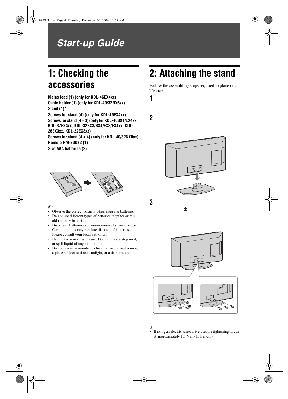 030stu, Start-up guide, Checking the accessories | To insert batteries into the remote, Attaching the stand, Start-up guide 1: checking the accessories | Sony BRAVIA KDL-22EX3xx User Manual | Page 4 / 39