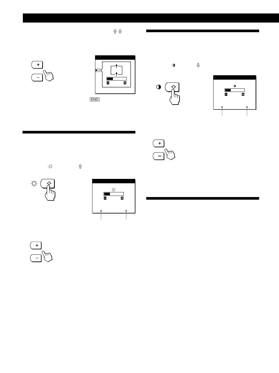 Adjusting the picture brightness, Adjusting the contrast, Changing the picture size according to the signal | Réglage de la luminosité de l’image, Réglage du contraste, Einstellen der bildhelligkeit, Einstellen des kontrasts, Ändern der bildgröße je nach signal, Ajuste del brillo de la imagen, Ajuste del contraste | Sony CPD-L181A User Manual | Page 12 / 96