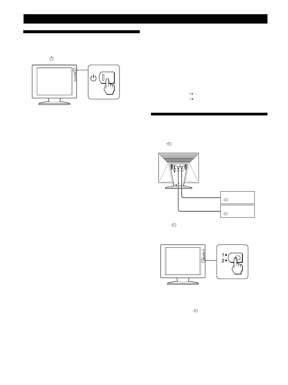 Turning on the monitor and computer, Selecting the input signal, Mise sous tension du moniteur et de l’ordinateur | Sélection du signal d’entrée, Einschalten des monitors und des computers, Auswählen des eingangssignals, Encendido del monitor y del ordenador, Selección de la señal de entrada, Accensione del monitor e del computer, Selezione del segnale di ingresso | Sony CPD-L181A User Manual | Page 8 / 96