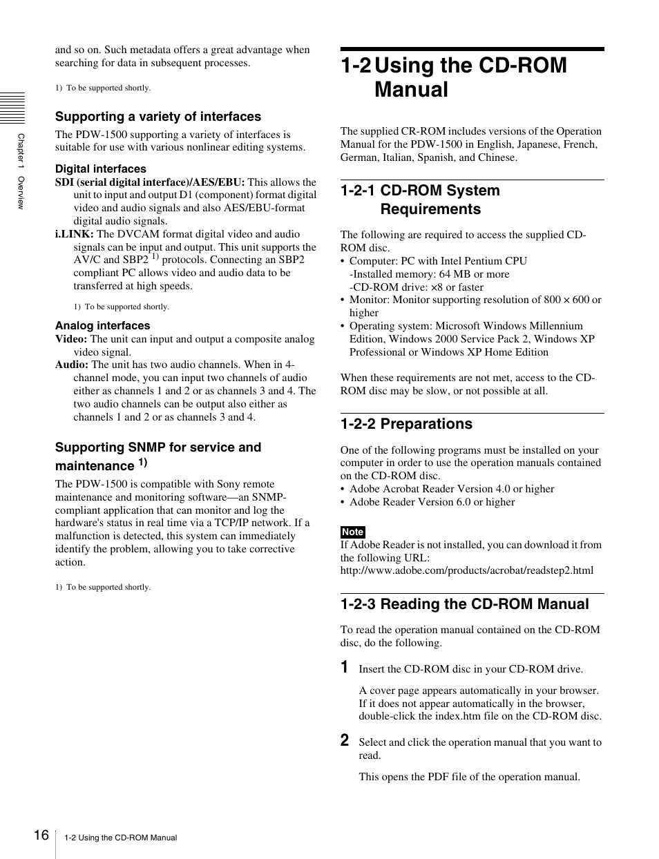 2 using the cd-rom manual, 2-1 cd-rom system requirements, 2-2 preparations | 2-3 reading the cd-rom manual | Sony PDW-1500 User Manual | Page 16 / 84