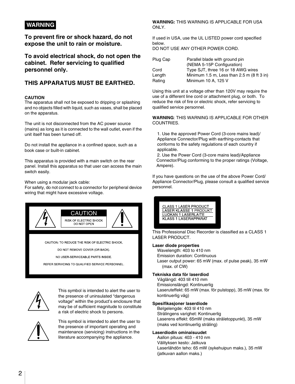 Warning | Sony PDW-1500 User Manual | Page 2 / 84