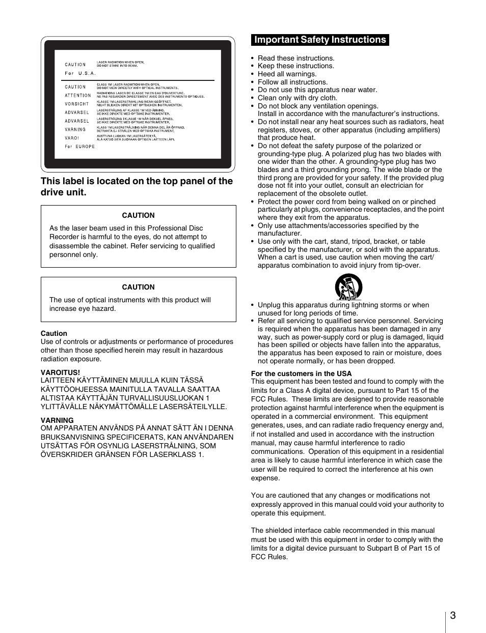 Important safety instructions | Sony PDW-1500 User Manual | Page 3 / 84