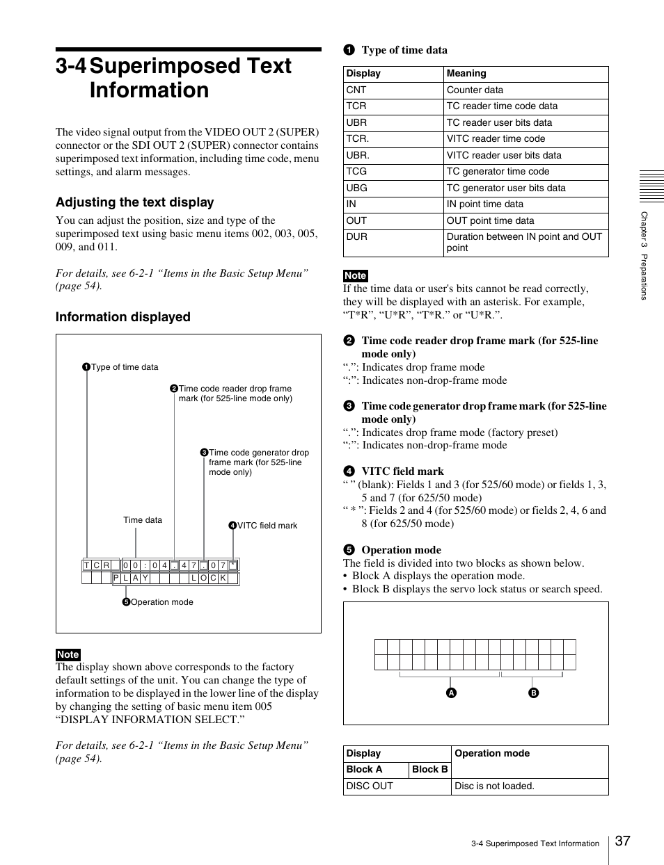 4 superimposed text information, Adjusting the text display, Information displayed | Sony PDW-1500 User Manual | Page 37 / 84