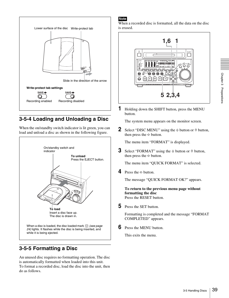 5-4 loading and unloading a disc, 5-5 formatting a disc, Press the menu button. this exits the menu | Sony PDW-1500 User Manual | Page 39 / 84