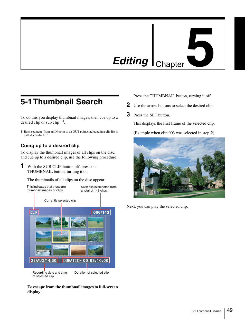 Chapter 5 editing, 1 thumbnail search, Editing | Chapter | Sony PDW-1500 User Manual | Page 49 / 84