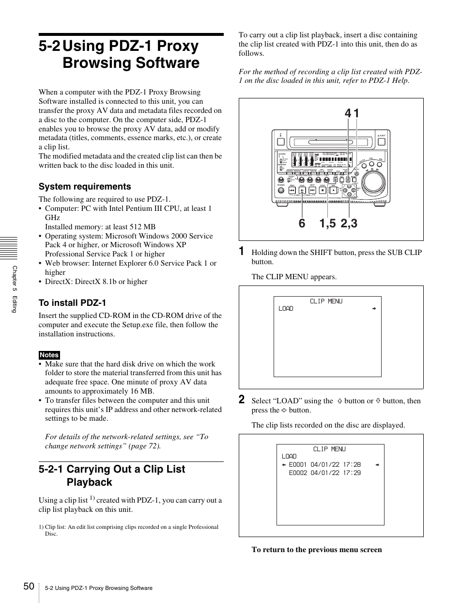 2 using pdz-1 proxy browsing software, 2-1 carrying out a clip list playback, 50 5-2-1 carrying out a clip list playback | System requirements, Using a clip list | Sony PDW-1500 User Manual | Page 50 / 84