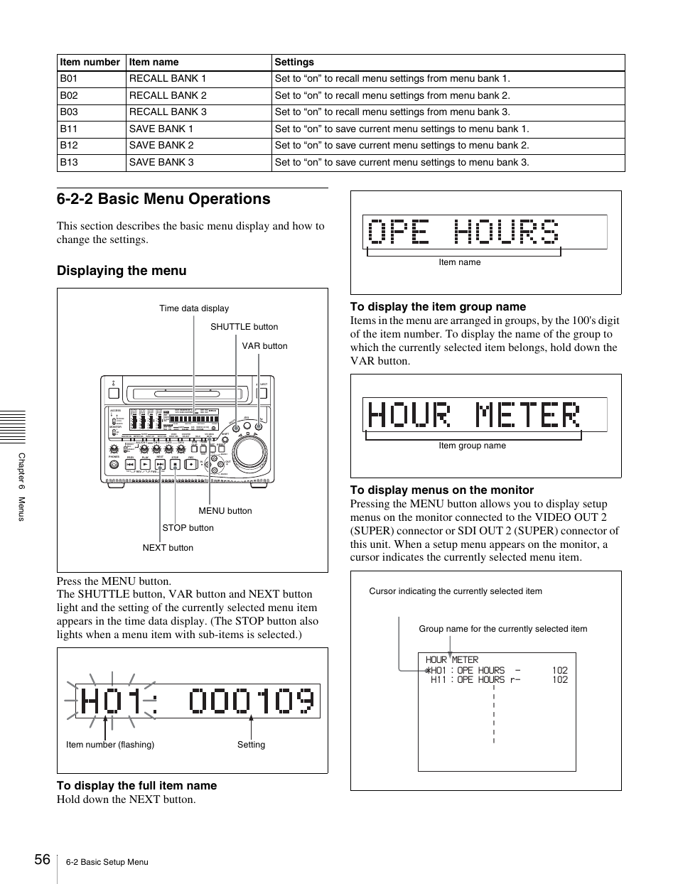 2-2 basic menu operations, Displaying the menu | Sony PDW-1500 User Manual | Page 56 / 84