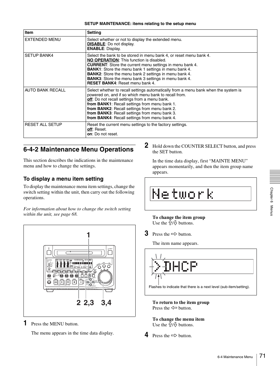 4-2 maintenance menu operations, Press the k button | Sony PDW-1500 User Manual | Page 71 / 84