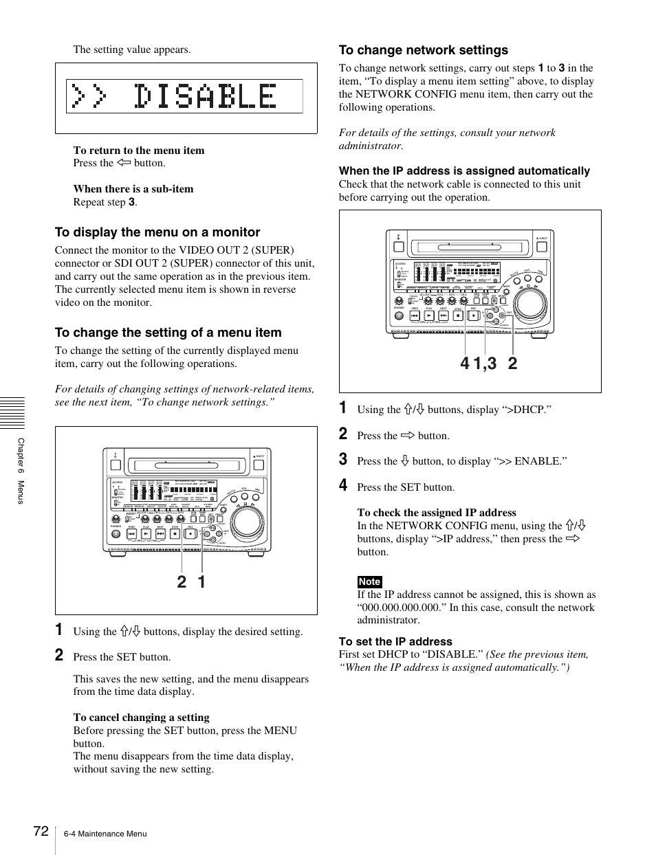 Using the j/j buttons, display the desired setting, Using the j/j buttons, display “>dhcp, Press the k button | Press the j button, to display “>> enable | Sony PDW-1500 User Manual | Page 72 / 84