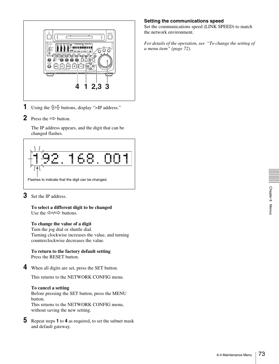 Using the j/j buttons, display “>ip address | Sony PDW-1500 User Manual | Page 73 / 84