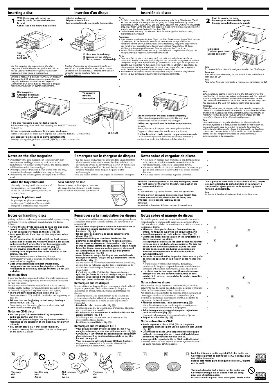 Notas sobre el manejo de discos, Remarques sur le chargeur de disques, Notas sobre el cargador de discos | Remarques sur la manipulation des disques | Sony CDX-646 User Manual | Page 2 / 3