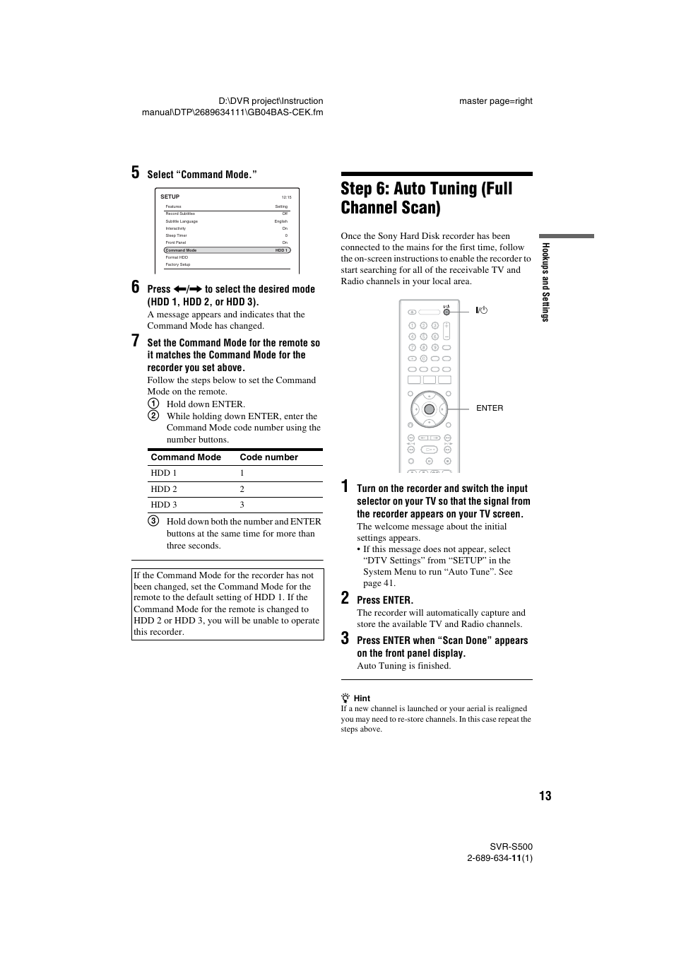 Step 6: auto tuning (full channel scan) | Sony SVR-S500 User Manual | Page 13 / 56