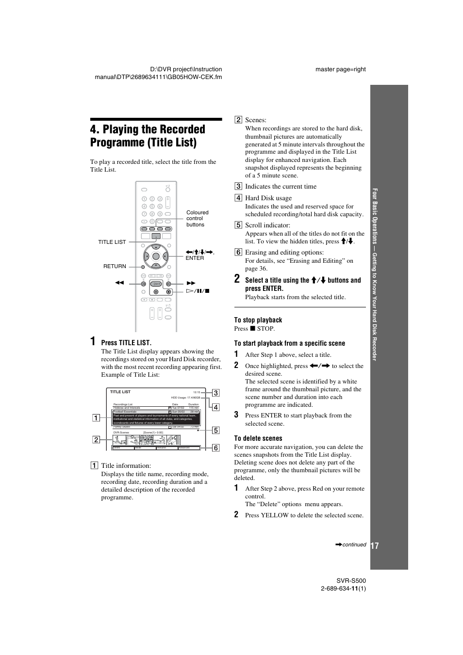 Playing the recorded programme (title list) | Sony SVR-S500 User Manual | Page 17 / 56