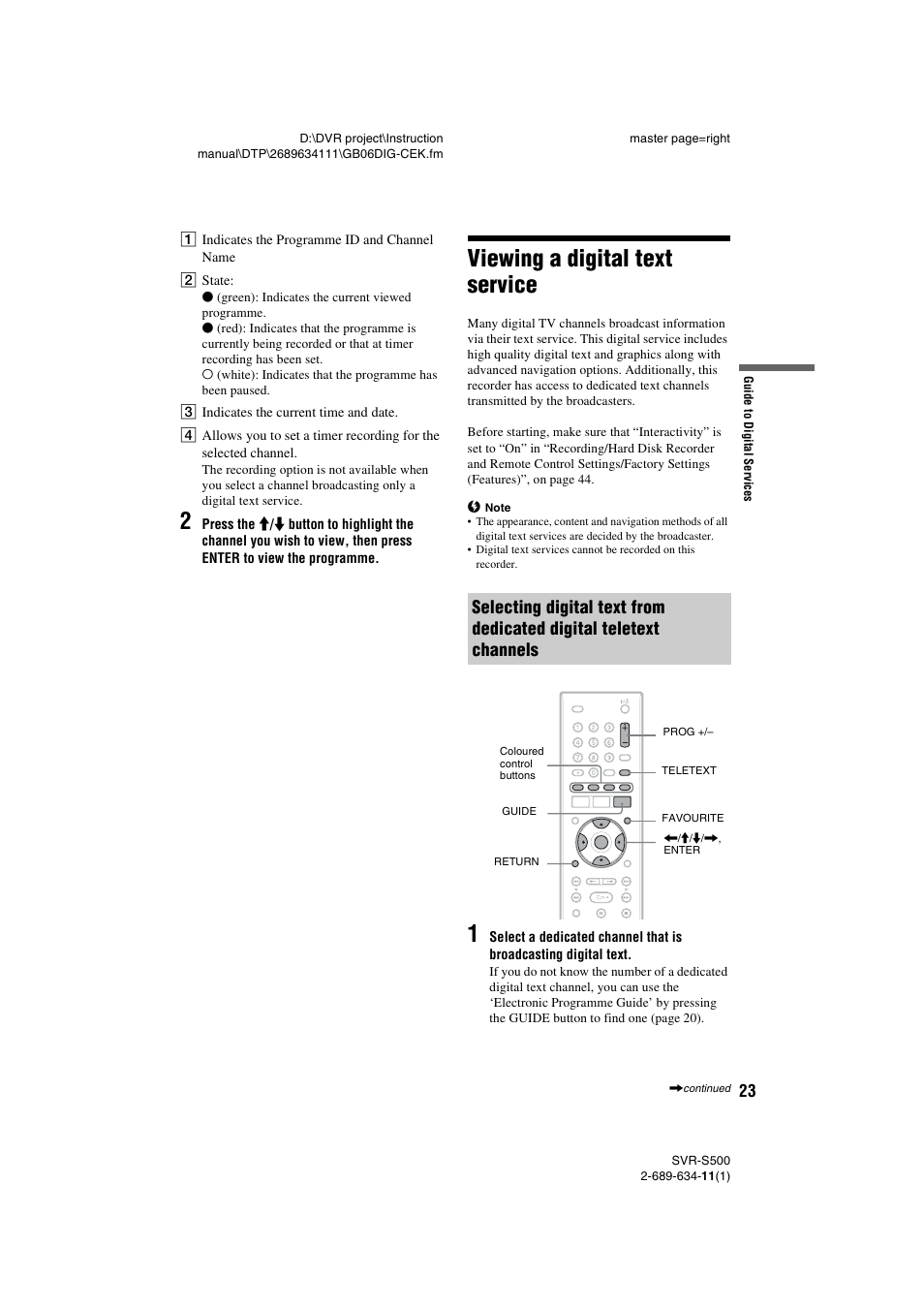 Viewing a digital text service | Sony SVR-S500 User Manual | Page 23 / 56