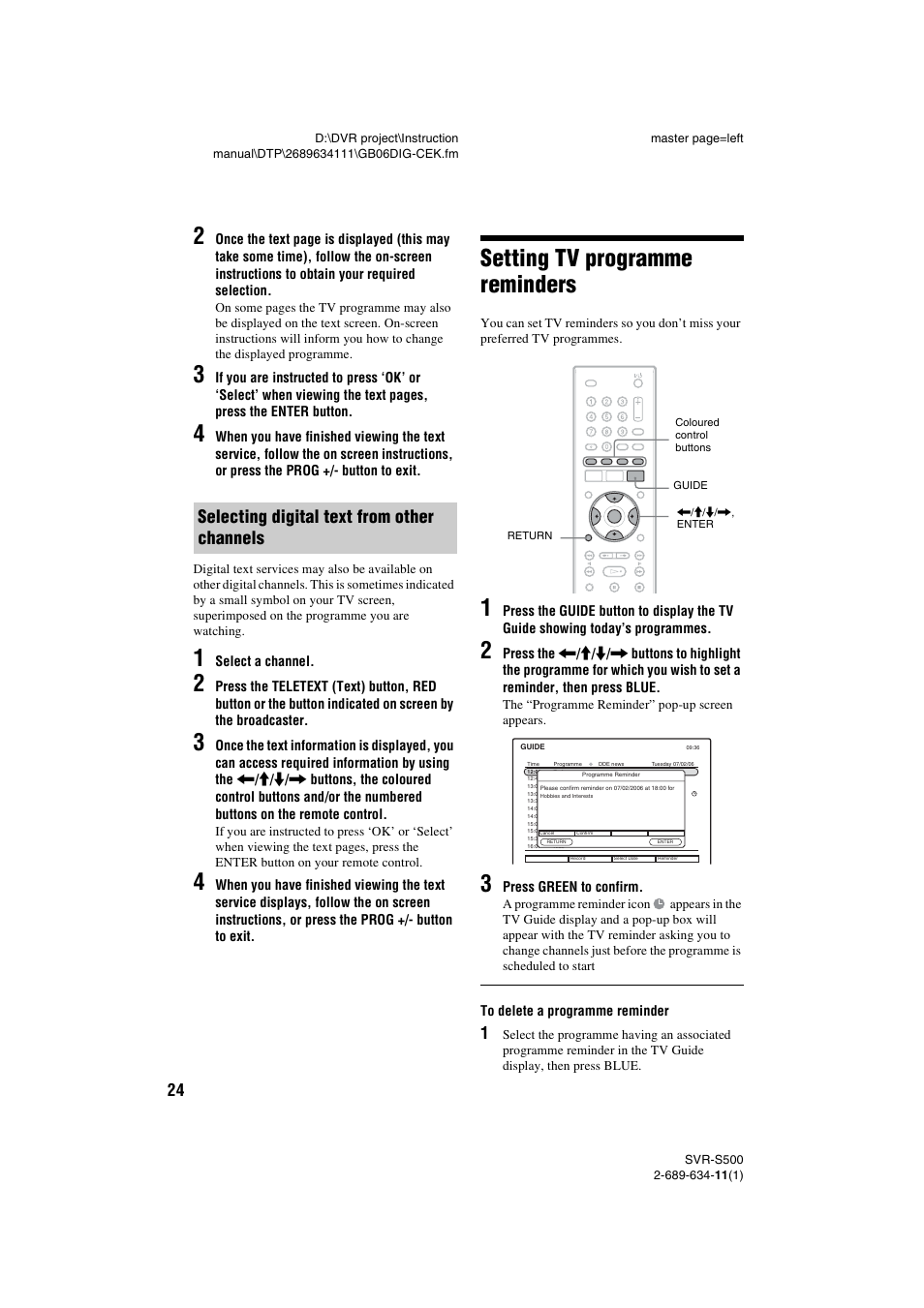 Selecting digital text from other channels, Setting tv programme reminders | Sony SVR-S500 User Manual | Page 24 / 56