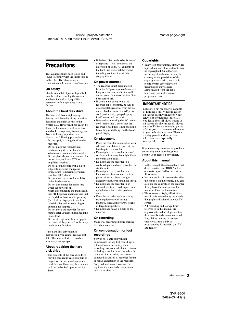 Precautions | Sony SVR-S500 User Manual | Page 3 / 56