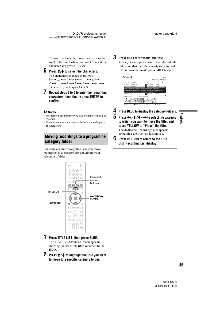 Moving recordings to a programme category folder | Sony SVR-S500 User Manual | Page 35 / 56