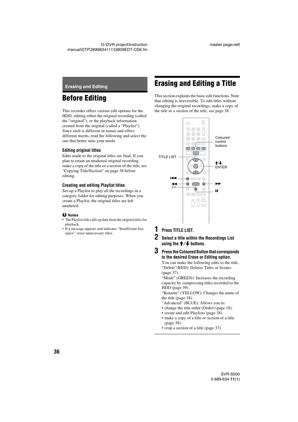 Erasing and editing, Before editing, Erasing and editing a title | Before editing erasing and editing a title | Sony SVR-S500 User Manual | Page 36 / 56