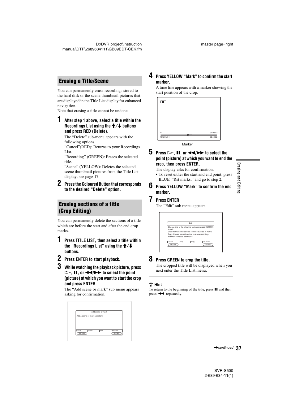 Erasing a title/scene, Erasing sections of a title (crop editing) | Sony SVR-S500 User Manual | Page 37 / 56