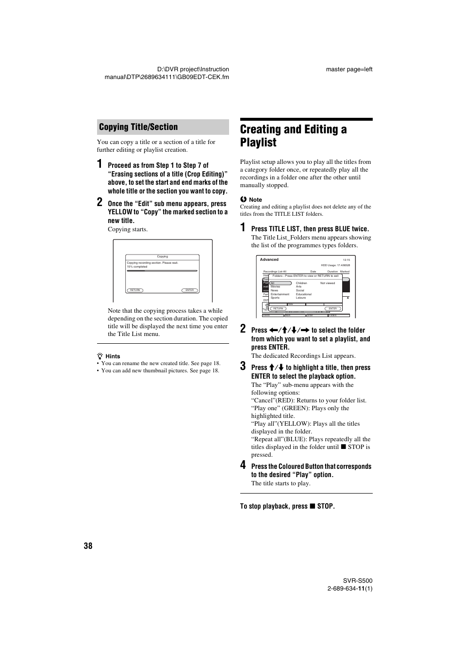 Copying title/section, Creating and editing a playlist, Press title list, then press blue twice | Sony SVR-S500 User Manual | Page 38 / 56