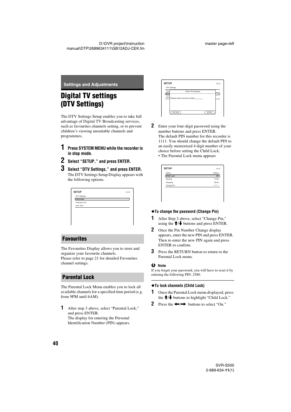 Settings and adjustments, Digital tv settings (dtv settings), Favourites | Parental lock, Favourites parental lock | Sony SVR-S500 User Manual | Page 40 / 56