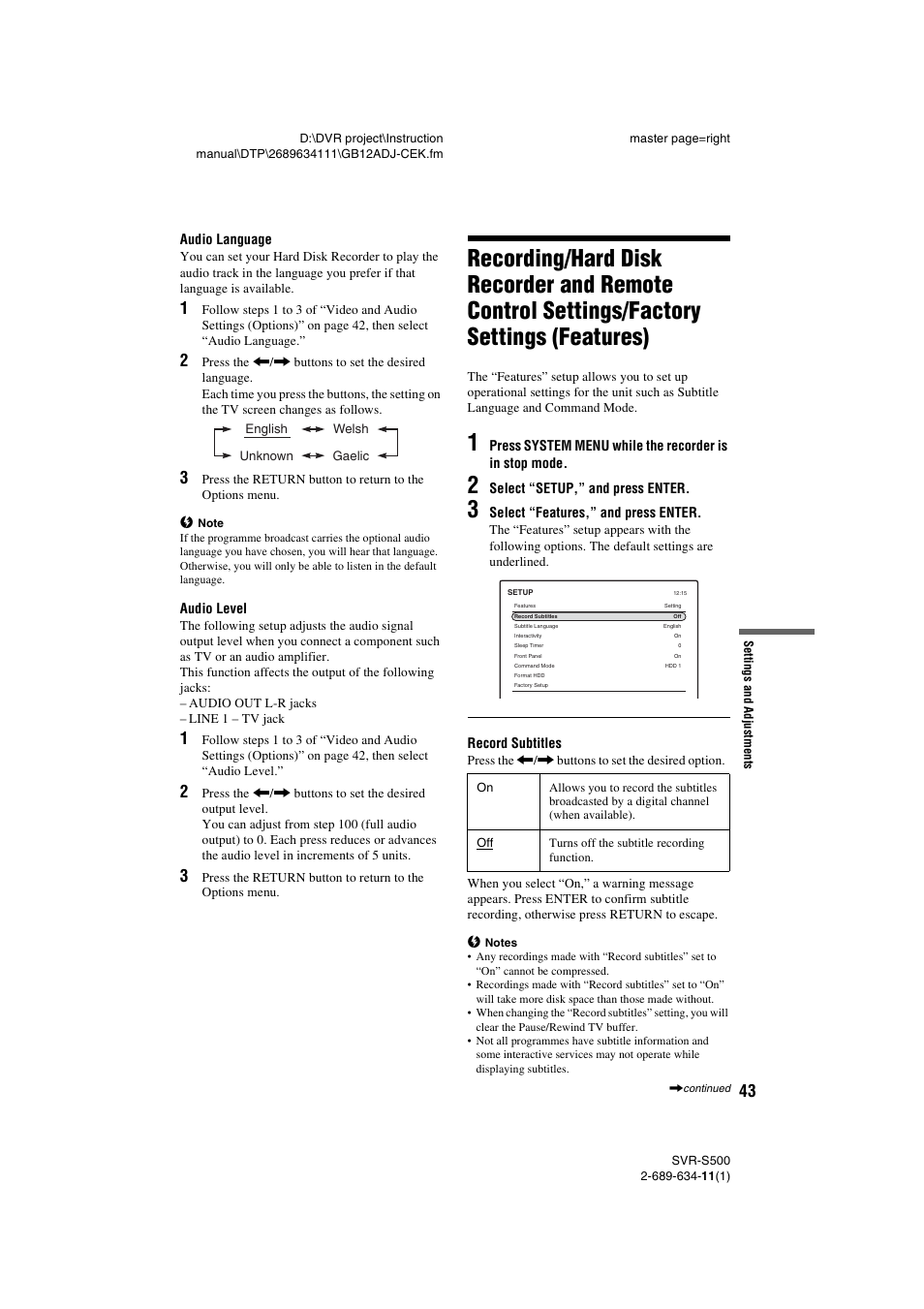 Features) | Sony SVR-S500 User Manual | Page 43 / 56