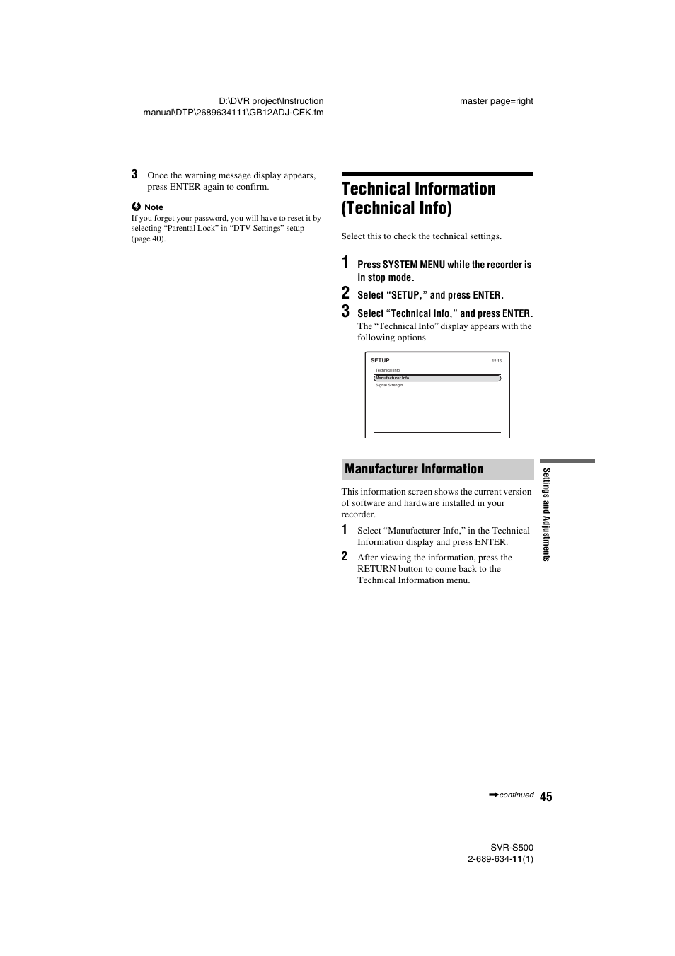 Technical information (technical info), Manufacturer information | Sony SVR-S500 User Manual | Page 45 / 56