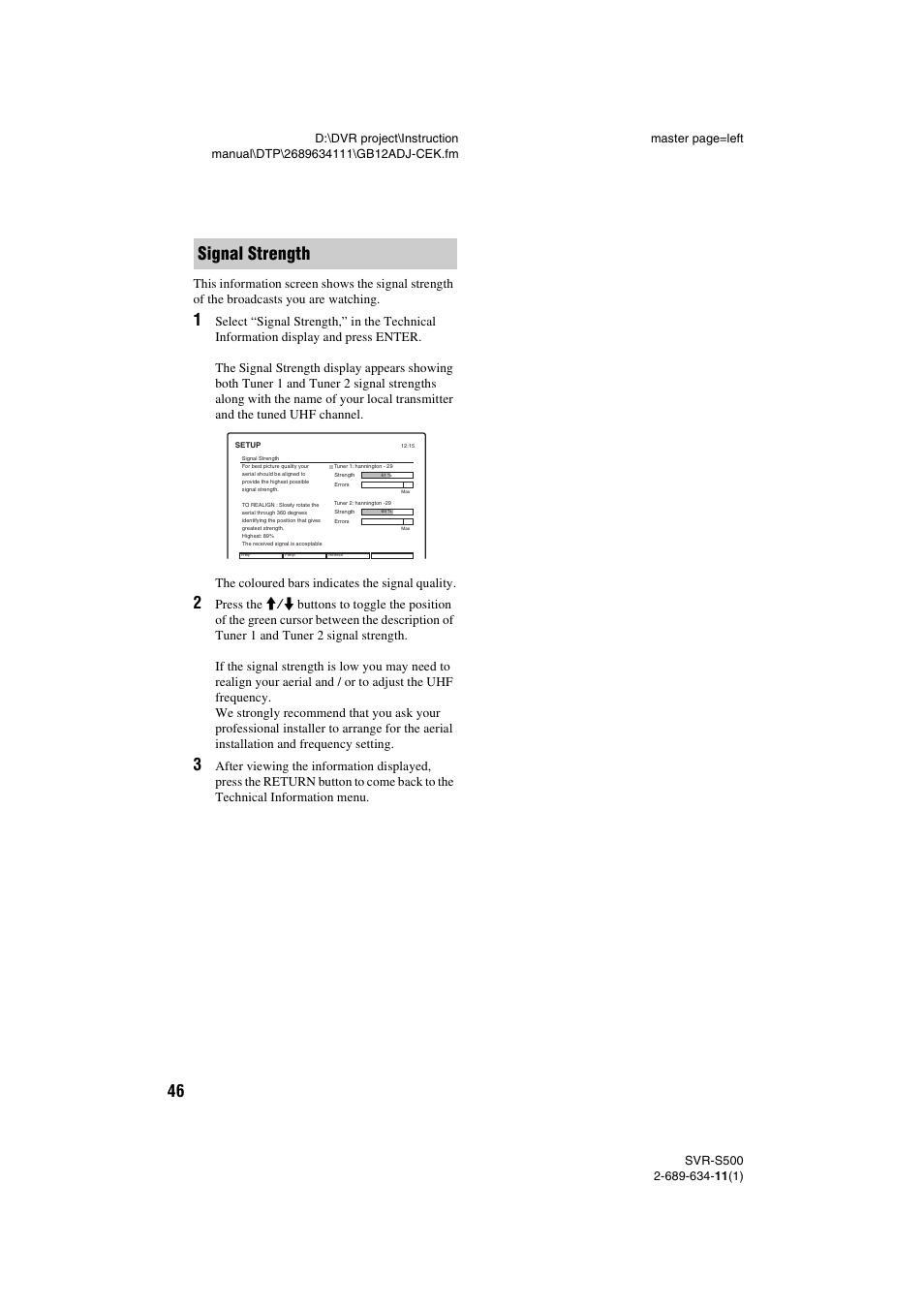 Signal strength | Sony SVR-S500 User Manual | Page 46 / 56