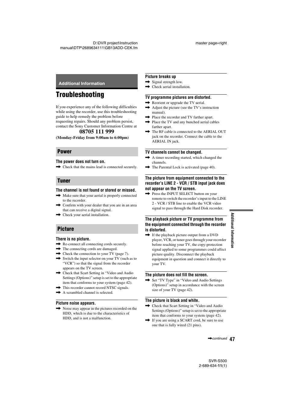 Additional information, Troubleshooting, Power tuner picture | Sony SVR-S500 User Manual | Page 47 / 56