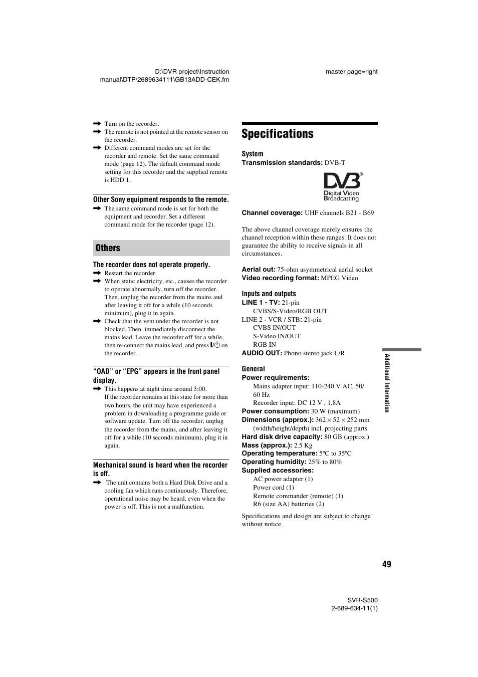 Specifications, Others | Sony SVR-S500 User Manual | Page 49 / 56