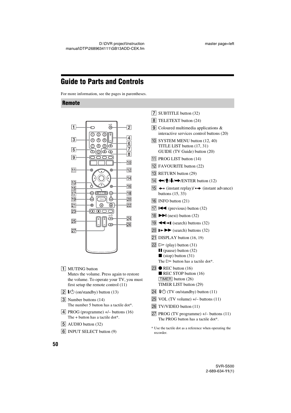 Guide to parts and controls, Remote | Sony SVR-S500 User Manual | Page 50 / 56