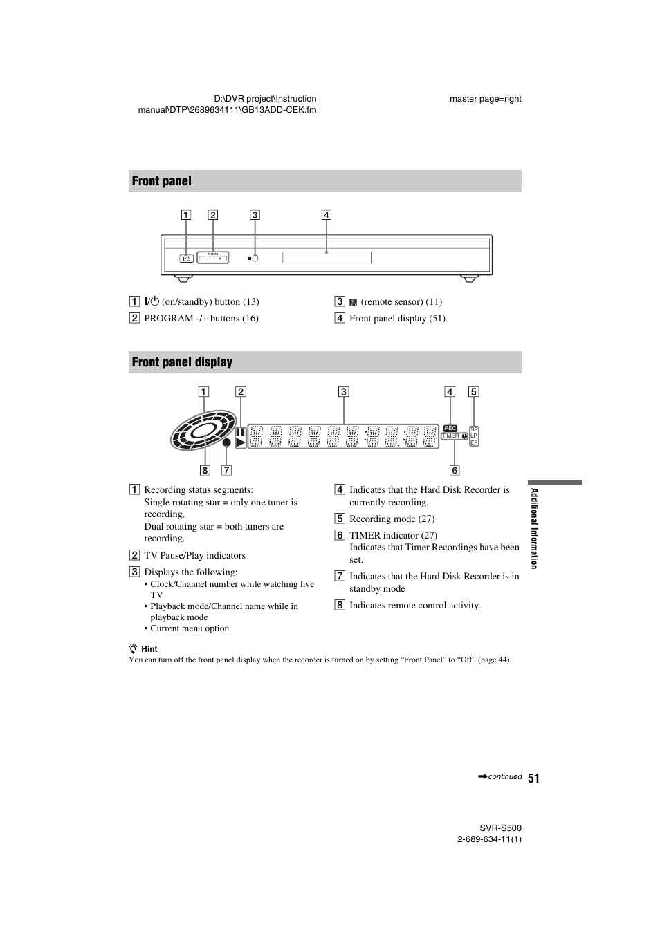 Front panel front panel display | Sony SVR-S500 User Manual | Page 51 / 56