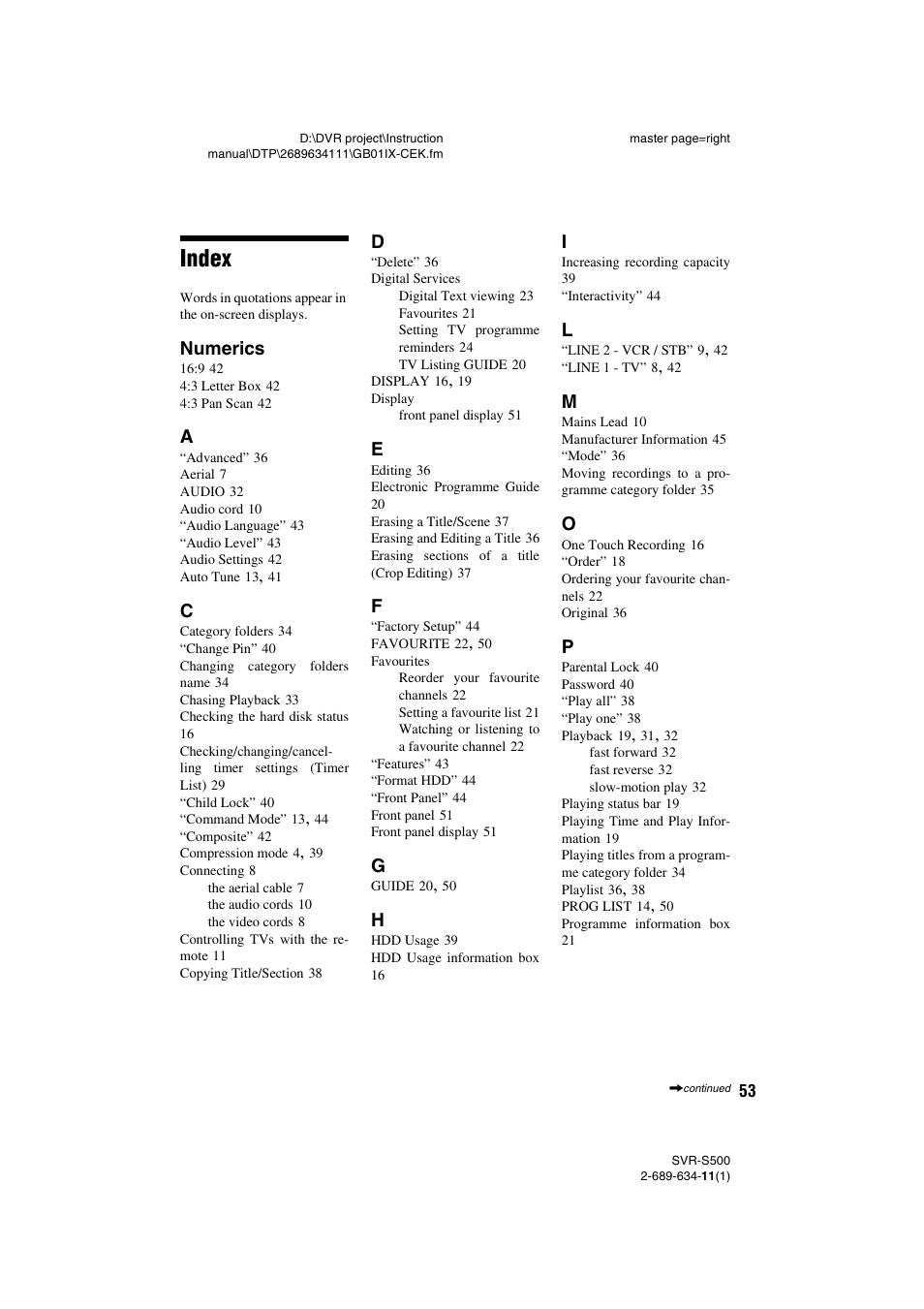 Index | Sony SVR-S500 User Manual | Page 53 / 56