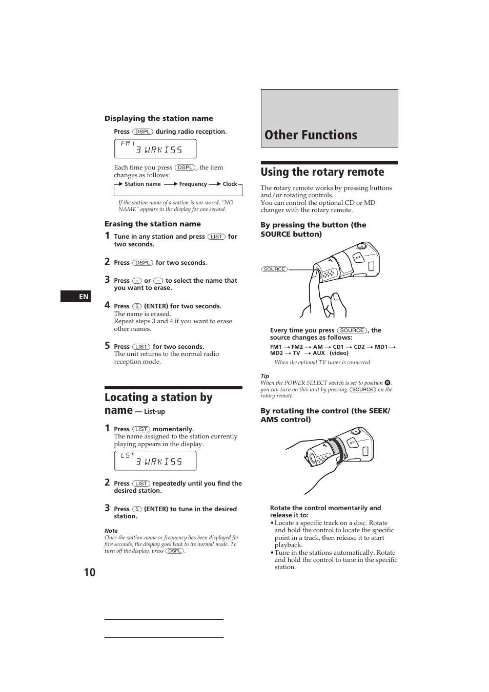 Other functions, Using the rotary remote, Locating a station by name | Sony CDX-C710 User Manual | Page 10 / 32