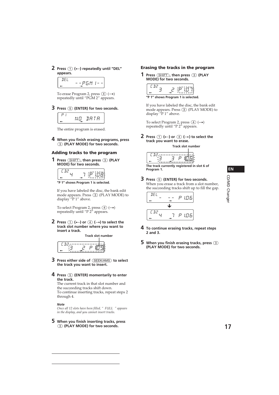 7 p108, 2 p105, 3 p106 | Pgm1, No data, P106, 7 p106, 2 p107 | Sony CDX-C710 User Manual | Page 17 / 32