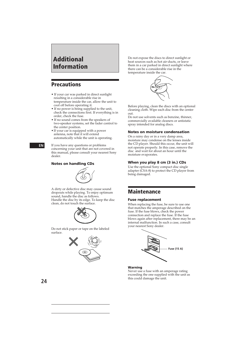 Additional information, Precautions, Maintenance | Sony CDX-C710 User Manual | Page 24 / 32