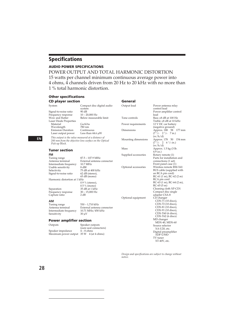 Specifications | Sony CDX-C710 User Manual | Page 28 / 32