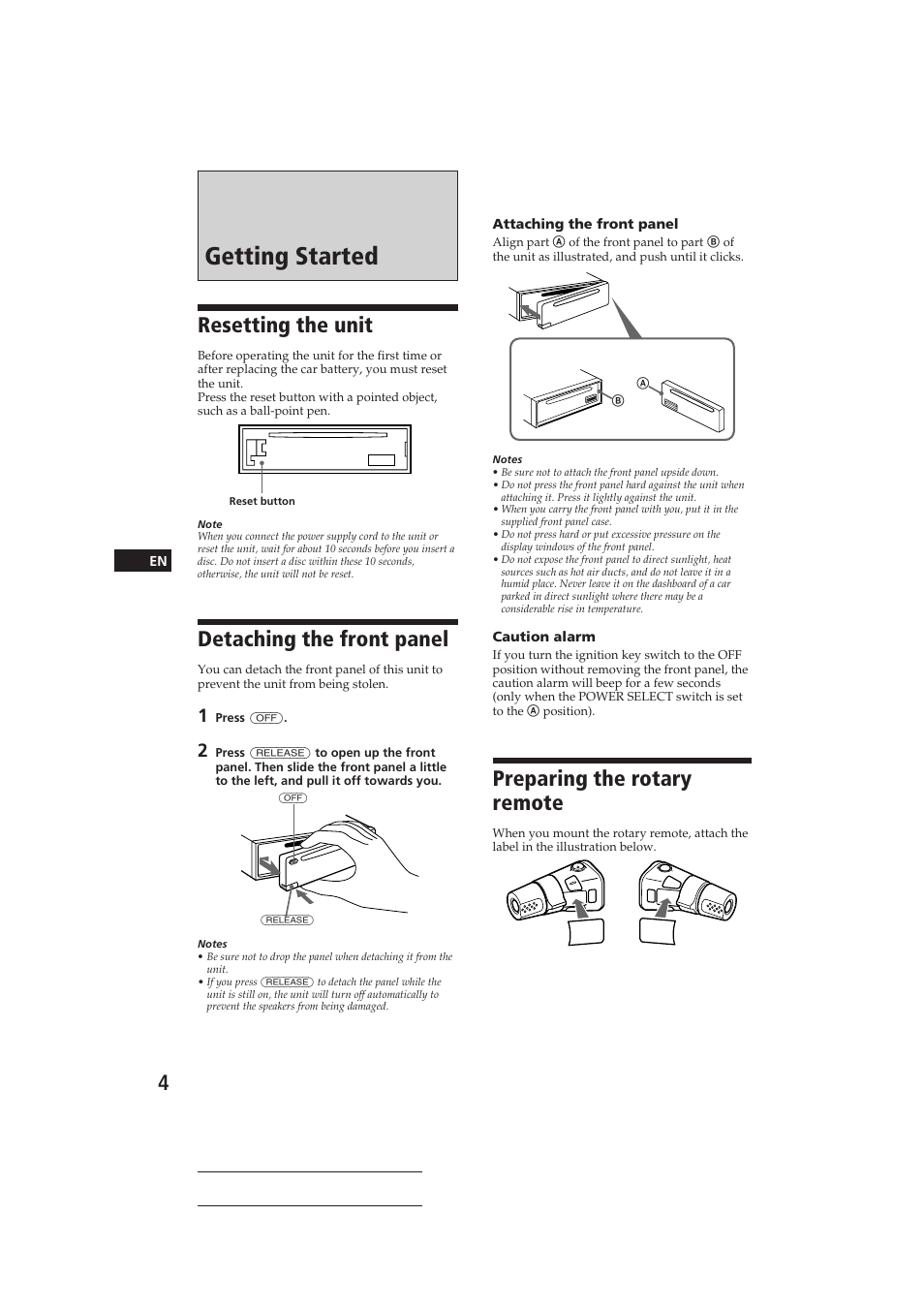 Getting started, Resetting the unit, Detaching the front panel | Preparing the rotary remote | Sony CDX-C710 User Manual | Page 4 / 32